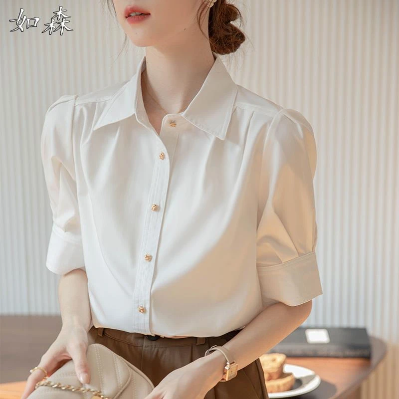 新款2025夏季法式泡泡袖白色衬衫女面试正装职业通勤短袖上衣