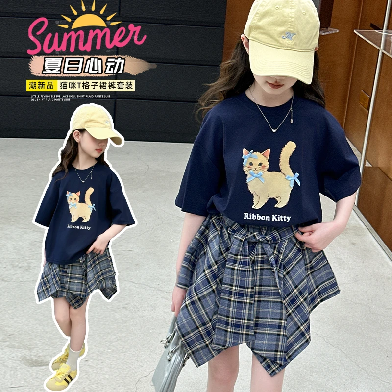 女童夏款猫咪T恤格子裙裤两件套2025新款中大童洋气休闲潮酷套装