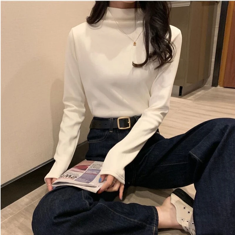 德绒半高领打底衫女2024秋冬白色长袖t恤女加绒加厚内搭洋气上衣1
