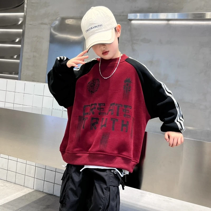 男童冬季加绒卫衣拼色2025新款儿童上衣秋冬加厚保暖大童痞帅宽松