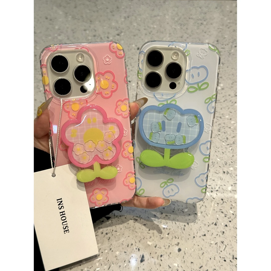 可爱粉色格纹小花摇摇乐适用iphone16promax苹果15手机壳14支架13