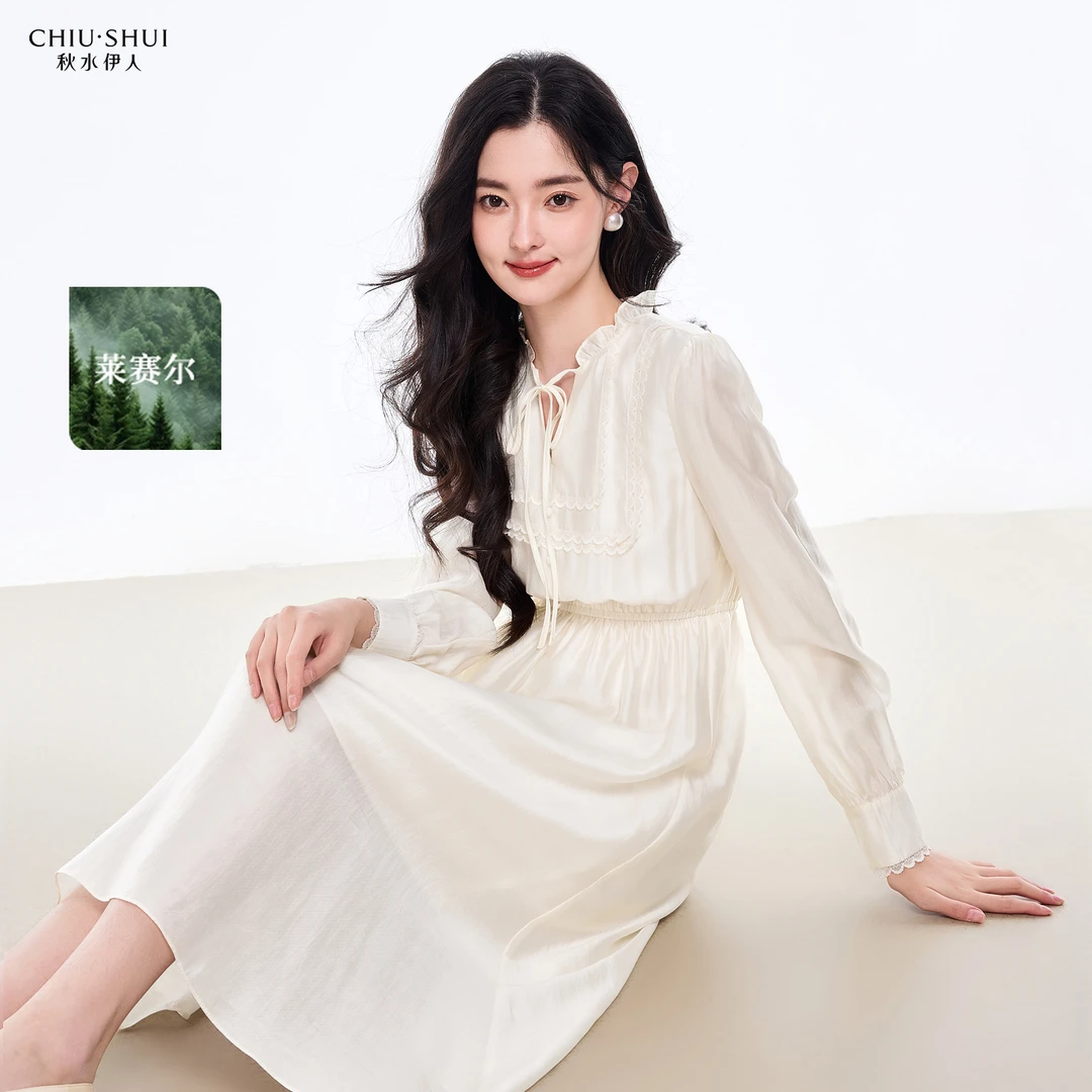 秋水伊人时尚连衣裙2025年春季新蕾丝拼接线条裙子625101C020395