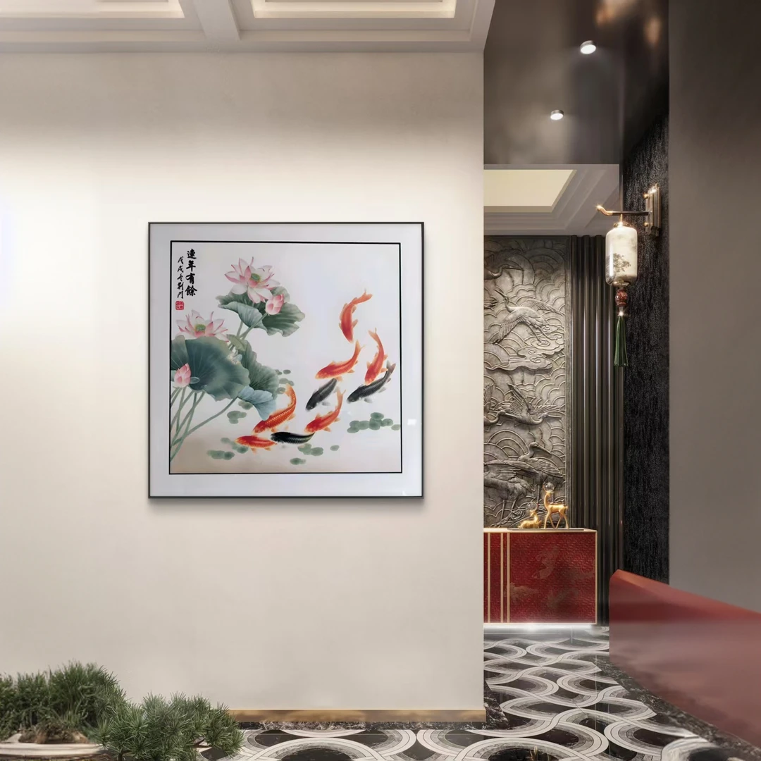 九 鱼聚财中式荷花锦鲤酒店玄关装饰画民宿酒店入户挂画