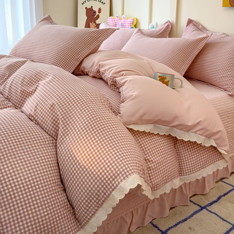 新品简约格子针织棉花边床盖四件套免打理床盖可机洗双层纱被套