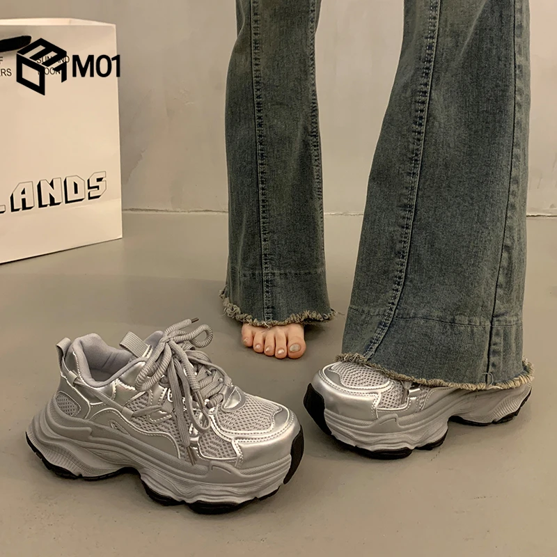 M01爆款百搭厚底老爹鞋女小个子增高超火新款秋季银色运动休闲鞋