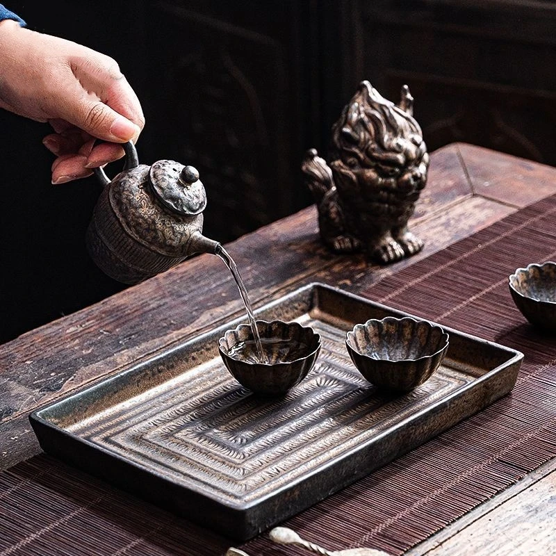 粗陶铁釉釉回纹干泡盘茶台中式复古长方形茶盘家用托盘茶托茶具