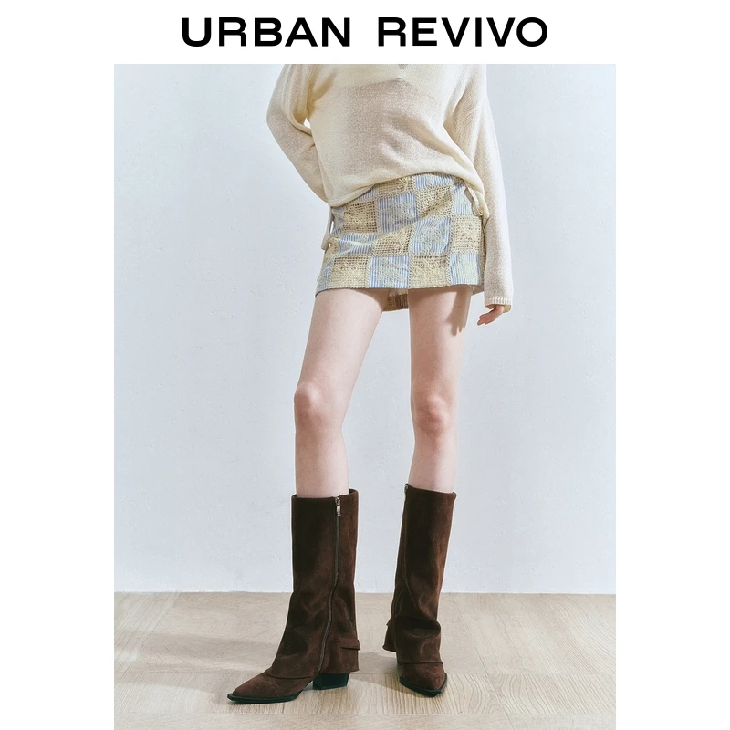 UR2025春季新款女装慵懒休闲格纹花朵肌理感半裙UYL550030