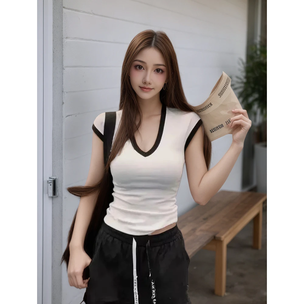 简约高级感熊猫配色V领撞色高弹洋气辣妹风显瘦夏季T恤上衣 8095