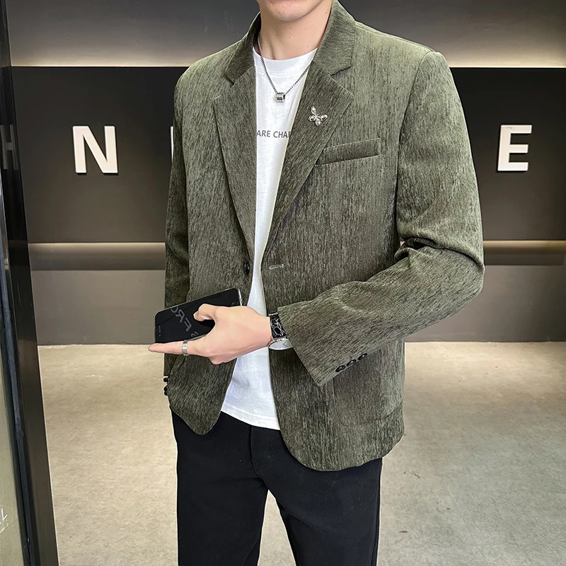 春秋季2025新款英伦风复古灯芯绒西装男韩版潮流修身痞帅西服外套