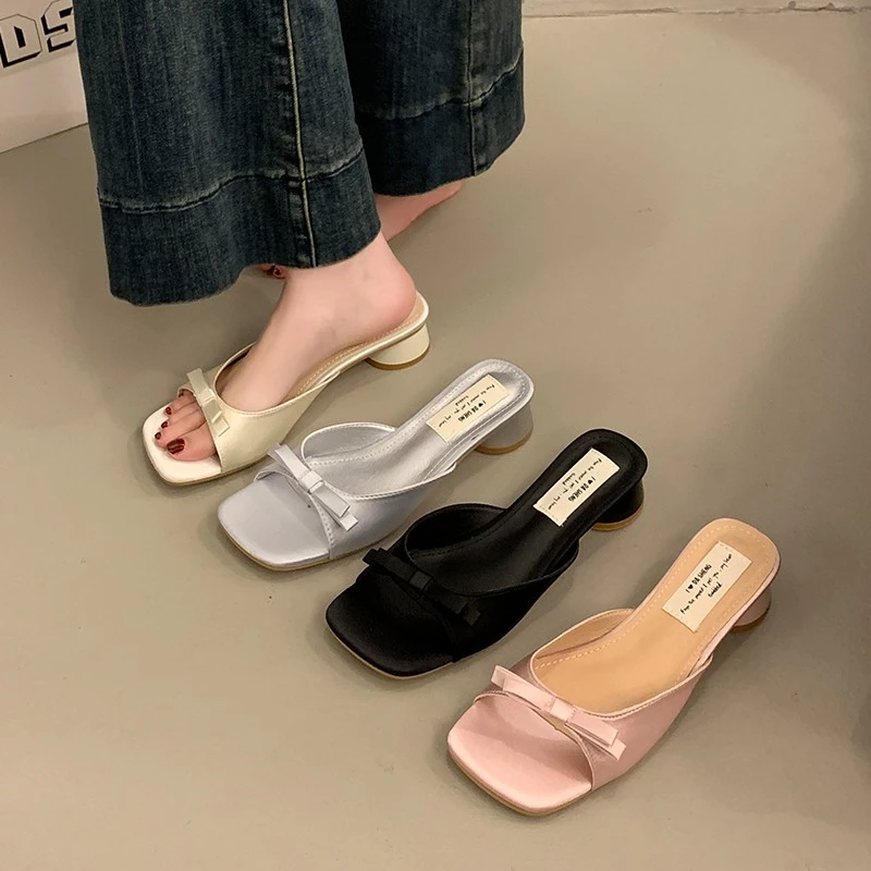 法式蝴蝶结一字拖鞋温柔淑女粗跟凉拖夏季外穿配裙子