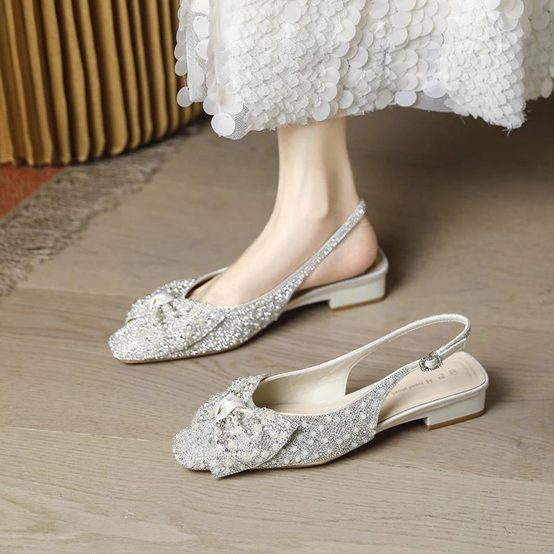 绝美珍珠单鞋女后空春夏季仙女风配裙子水钻蝴蝶结低跟包头凉鞋女