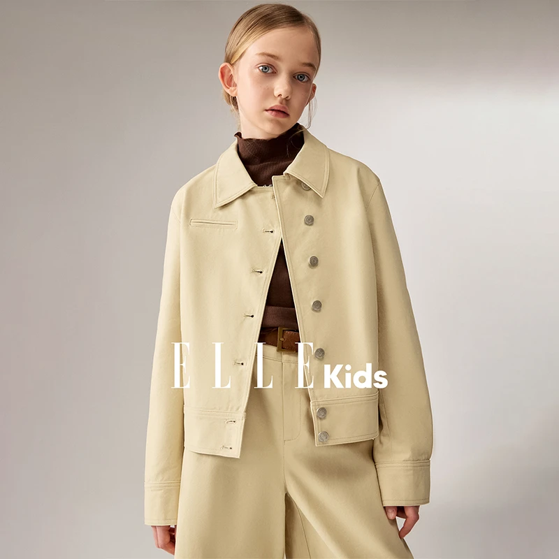 W144 ELLE KIDS 复古斜门襟外套女童秋季宽肩廓形个性时髦上衣Q1