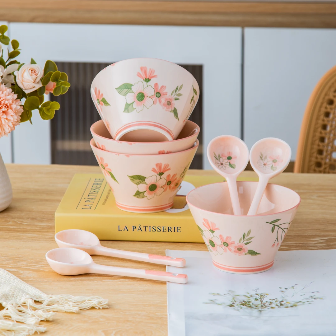 家用陶瓷餐具美二烧珊瑚海系列5英寸斗笠碗高脚碗米饭碗带勺子