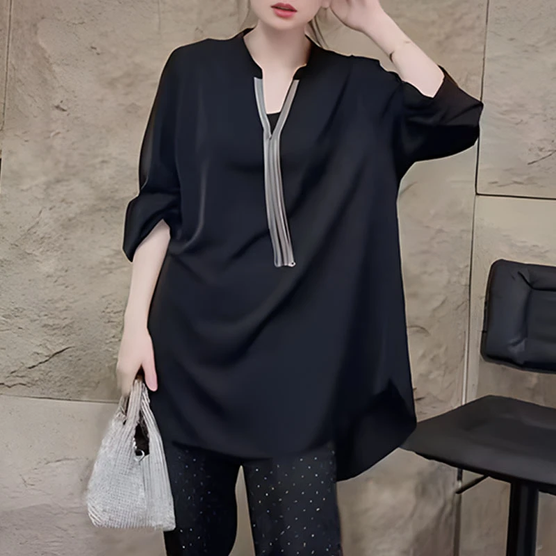春夏新品流苏V领大码黑色中长款防晒衬衫女装气质胖mm显瘦上衣