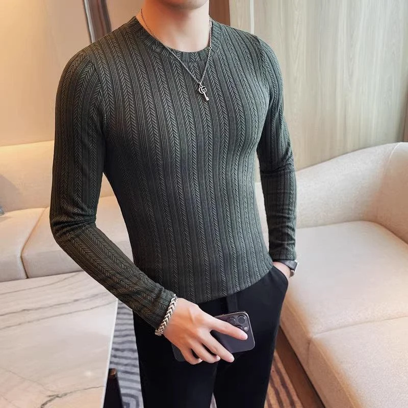 杜拉妮弹力t恤男士长袖秋季新款紧身圆领潮流修身打底衫体恤上衣