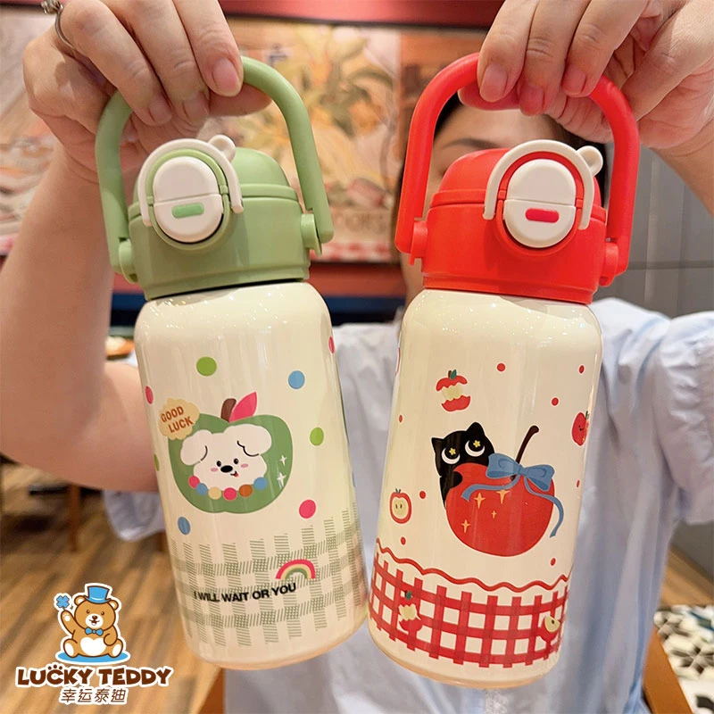 双饮可爱保温杯316钢500ml卡通直筒韩式大提手大容量瘦长保温壶