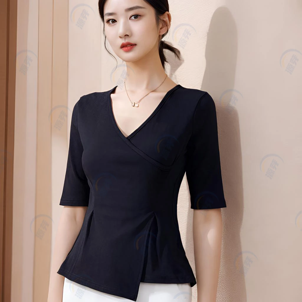不规则纯棉短袖t恤女夏季透气修身设计感小众交叉V领短款打底上衣