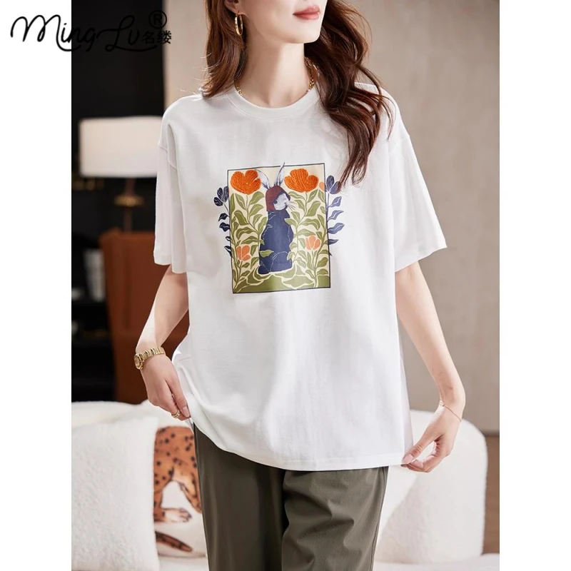 高级感圆领刺绣印花短袖T恤女2025夏季韩版简约休闲慵懒百搭上衣