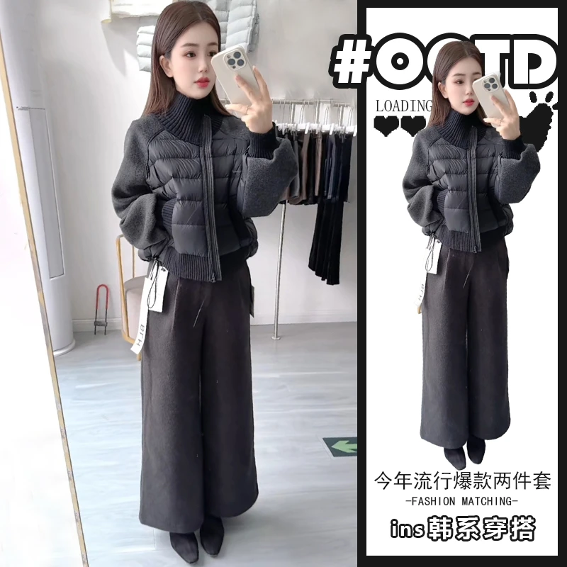 韩系学院风套装女秋冬2025新款黑色长袖加厚外套宽松休闲裤两件套