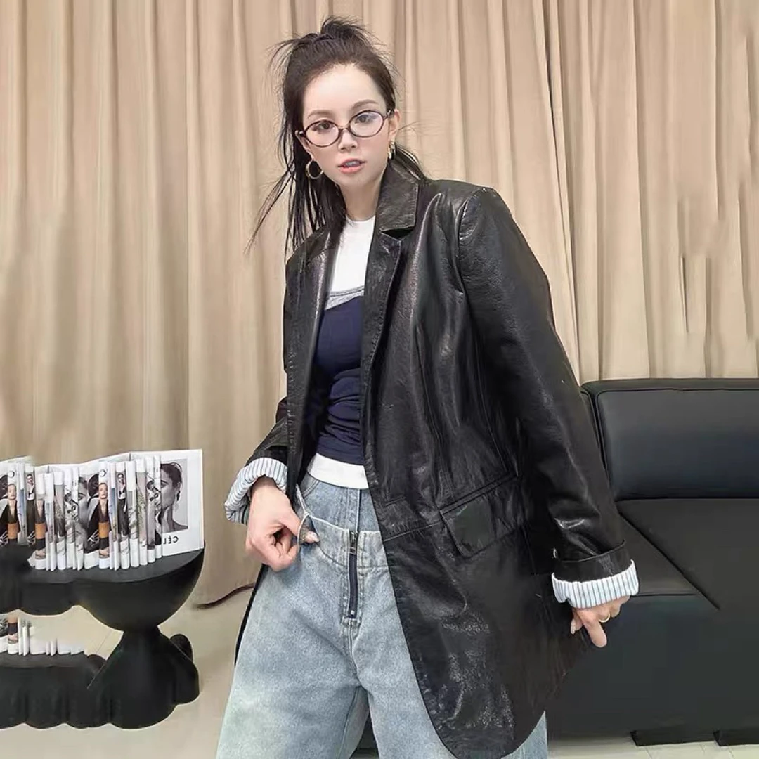 2025新款真皮皮衣女高级感牛皮中长款百搭宽松设计感西装女士外套