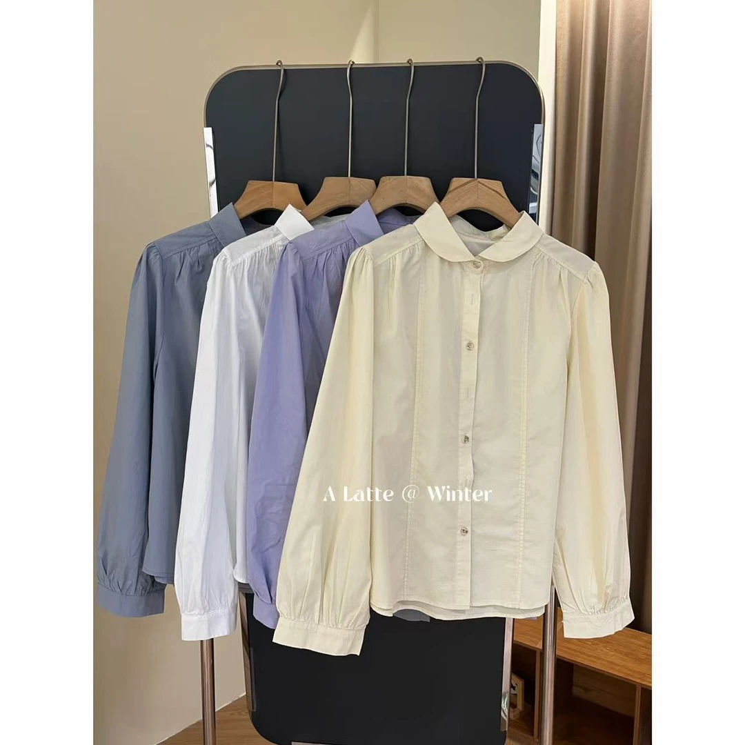 ALatte：法式小圆/  早春纯棉工艺款打褶甜美纯色衬衫