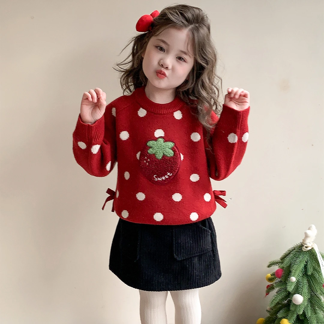 女童草莓圆点毛衣2025冬季新款女宝宝时尚加厚圆领套头针织打底衫