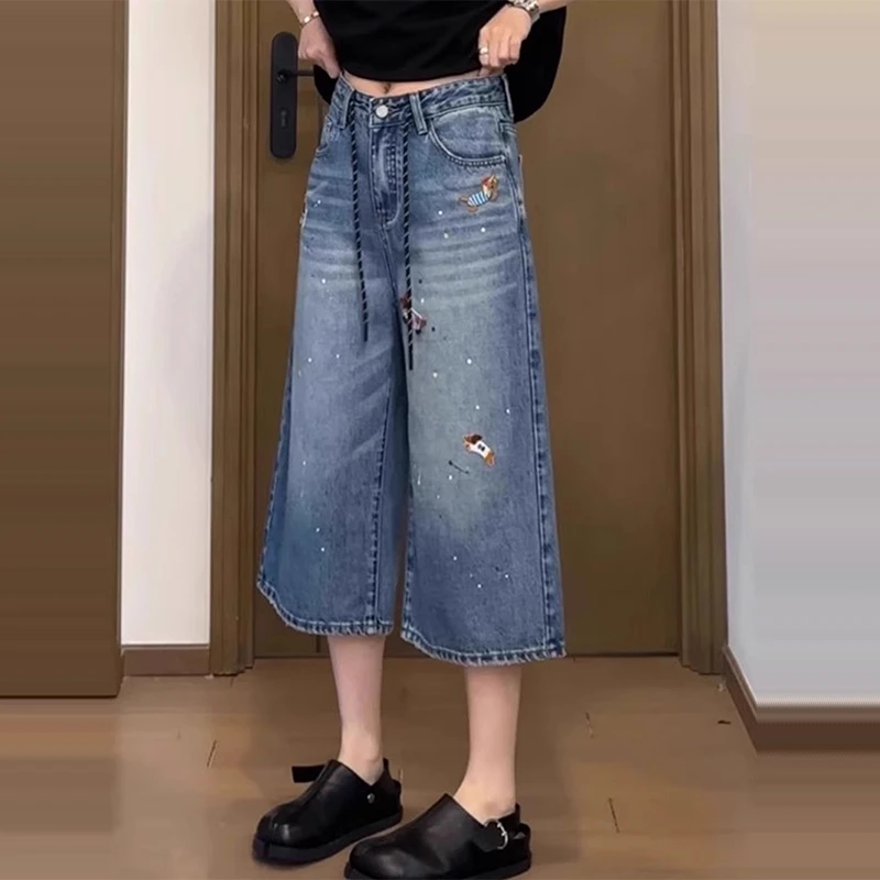 大码胖mm女款高腰牛仔七分裤2025洋气衣服甜美可爱风刺绣阔腿裤