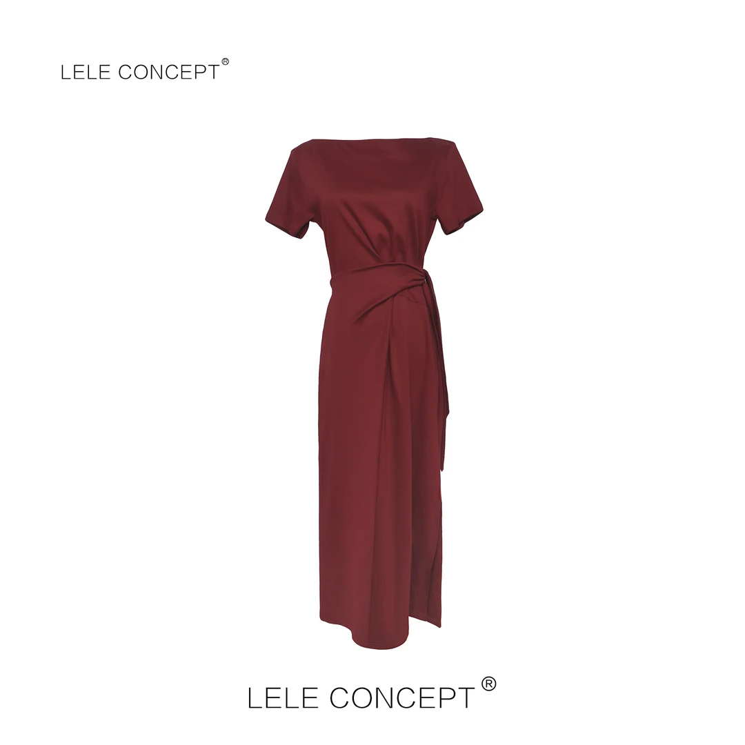 LELE CONCEPT｜都市简约设计款系带半袖开叉连衣裙Q0608