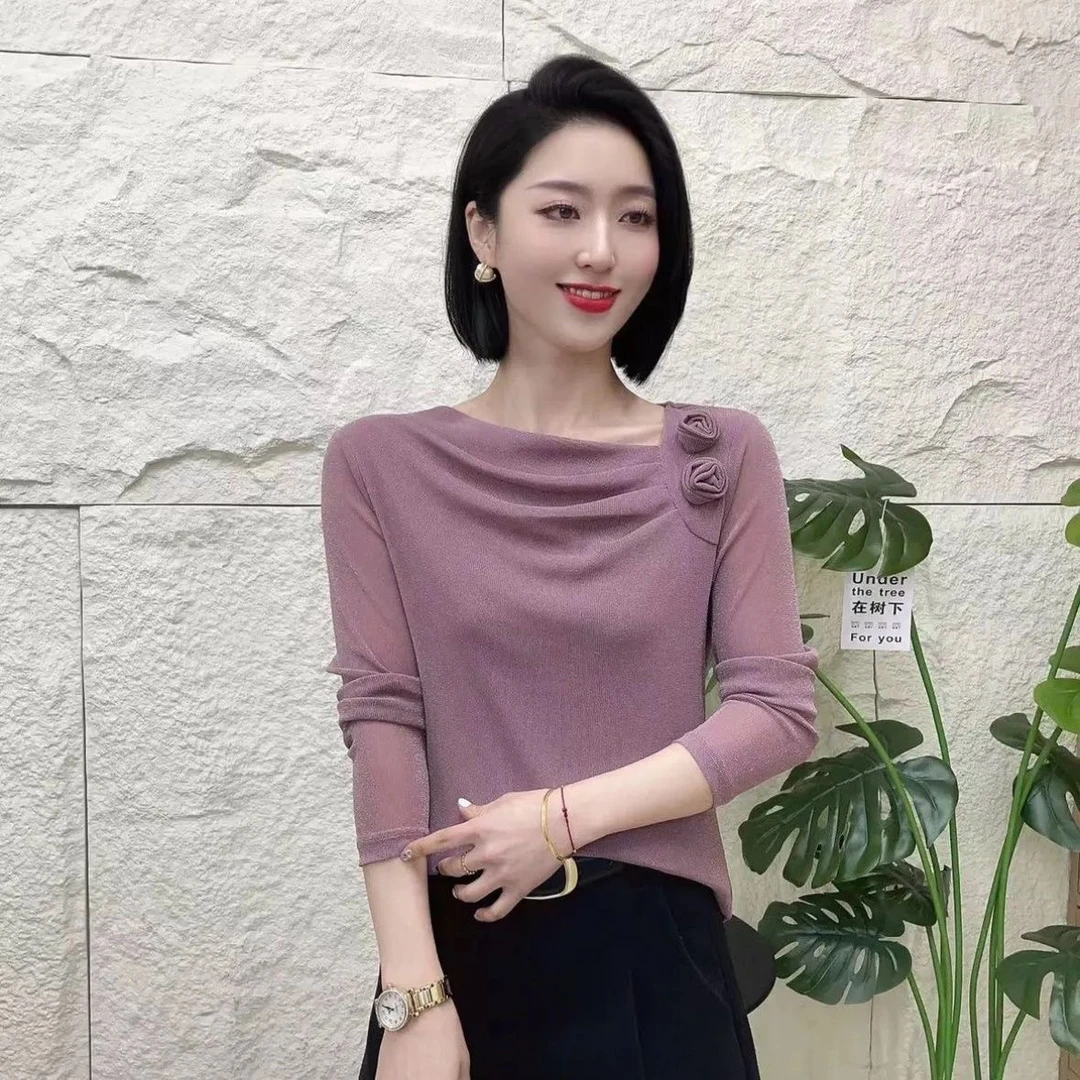 2025春款新品时尚洋气长袖上衣纯色百搭显瘦网纱不规则款修身小衫