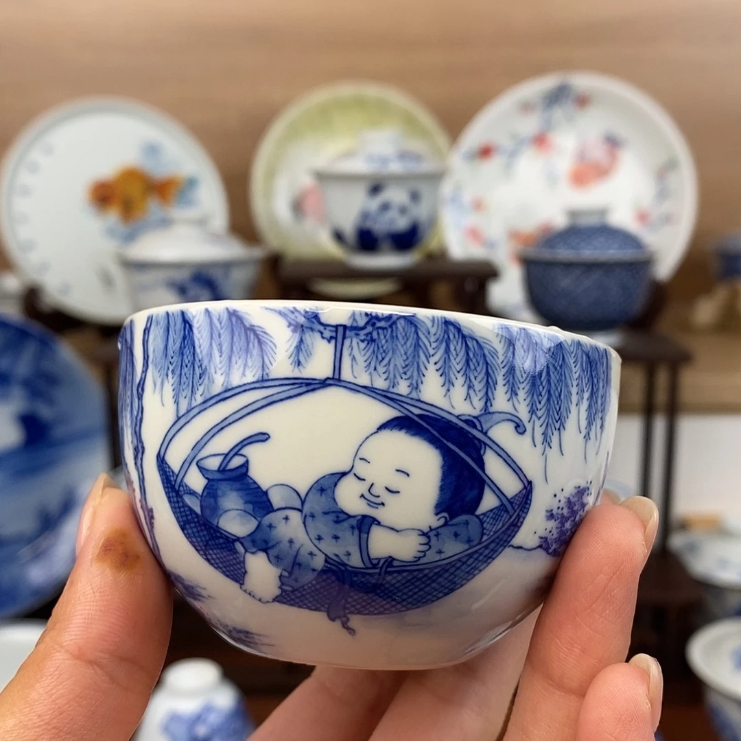 泥藝瓷梦童子弹弓卧足杯