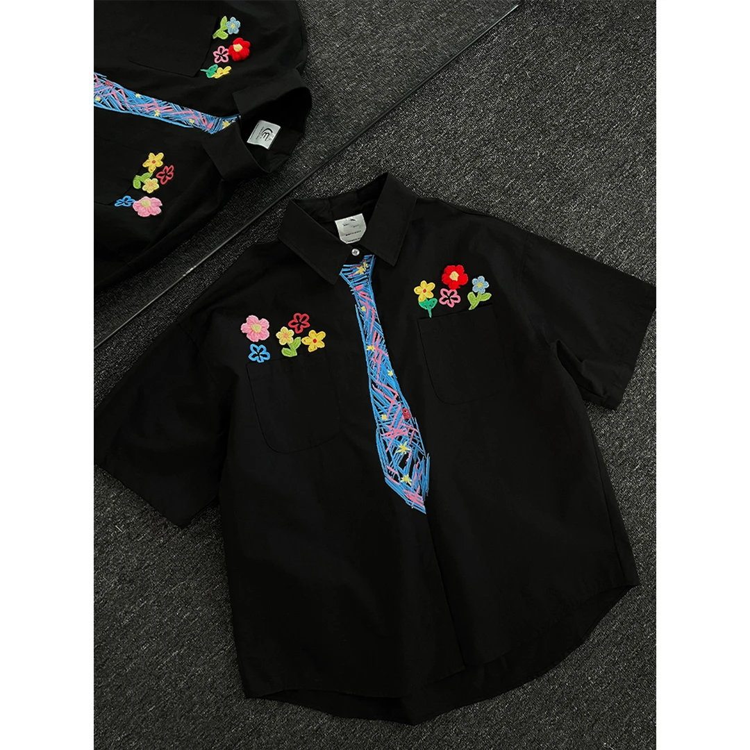 花卉蜡笔手绘领带短袖衬衫男设计感涂鸦衬衣学院风多巴胺情侣上衣