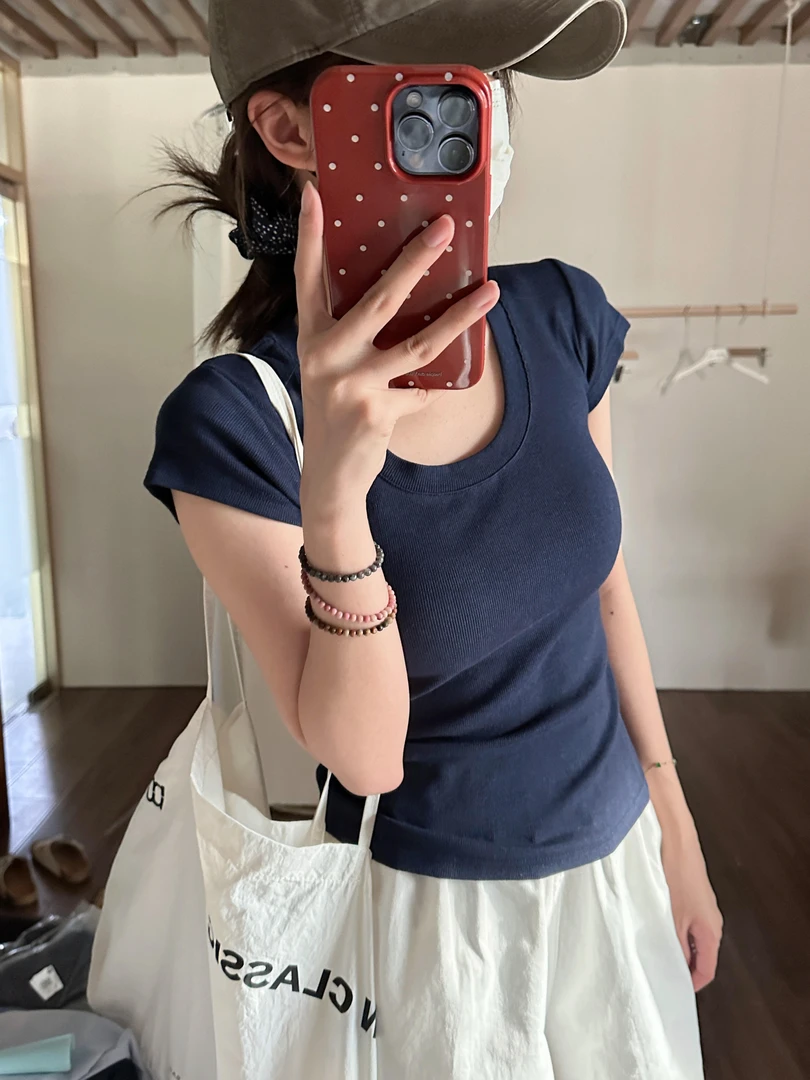 藏蓝色U领短袖T恤女夏季甜辣chic修身正肩显瘦打底衫短款百搭上衣