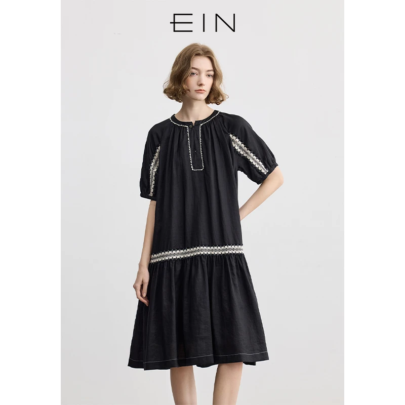 EIN/言法式苎麻镂空花边装饰圆领连肩袖文艺连衣裙女2025春夏新款