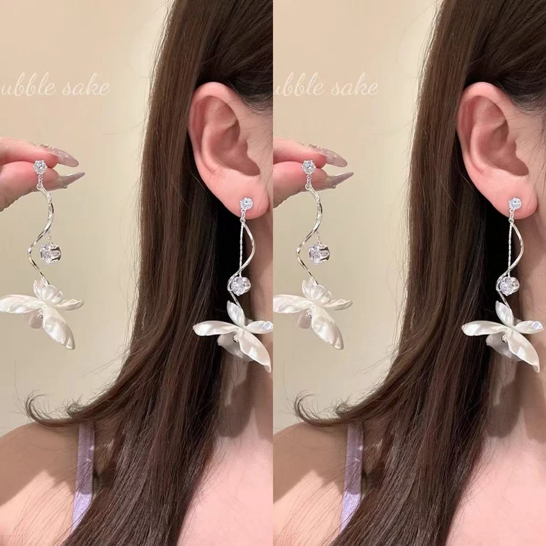 合金耳饰 【崔】 C0055 法式花朵长款耳环女高级轻奢耳饰