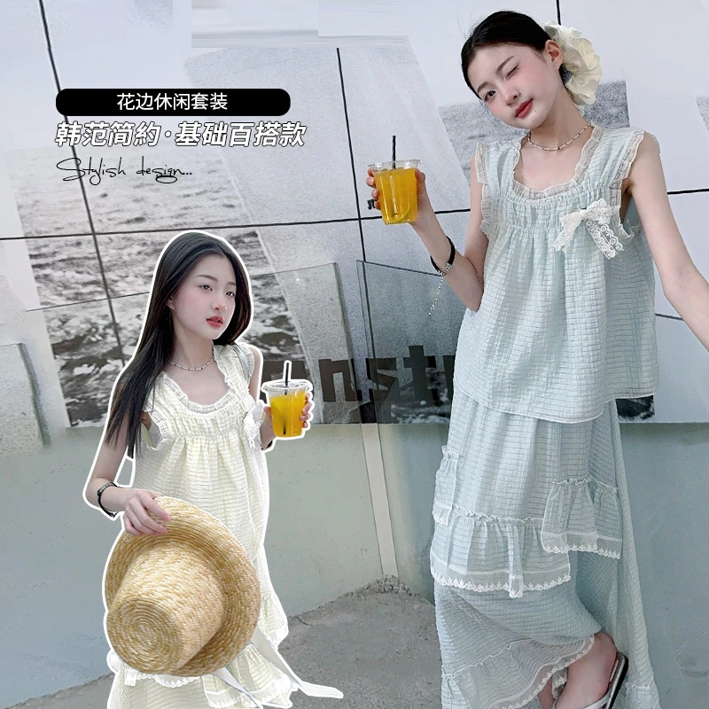 女童温柔系炸街奶乖套装甜美蝴蝶结蕾丝花边无袖背心半身裙两件套