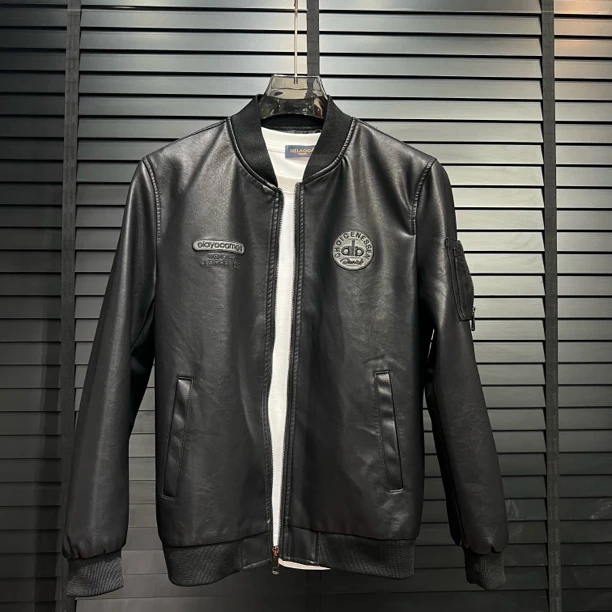 秋季标准棒球领男士皮衣皮夹克时尚帅气立领