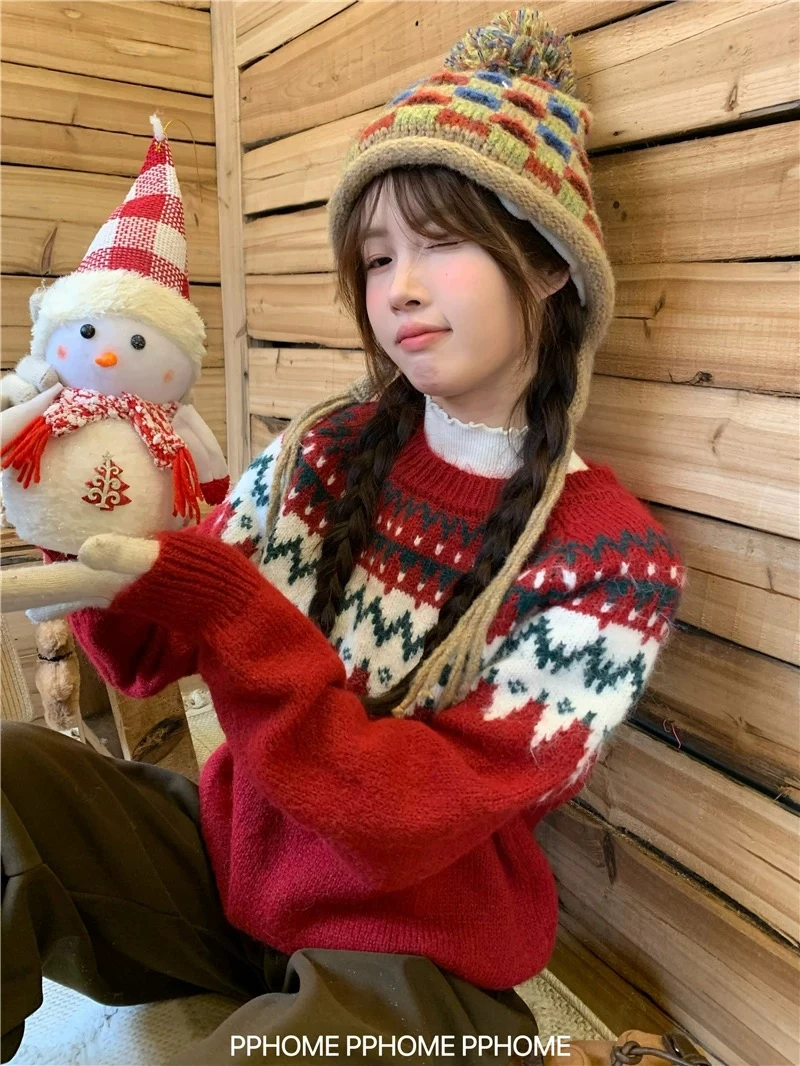 【圣诞 费尔岛】圣诞氛围感 提花毛衣冬季百搭圆领宽松针织衫上衣