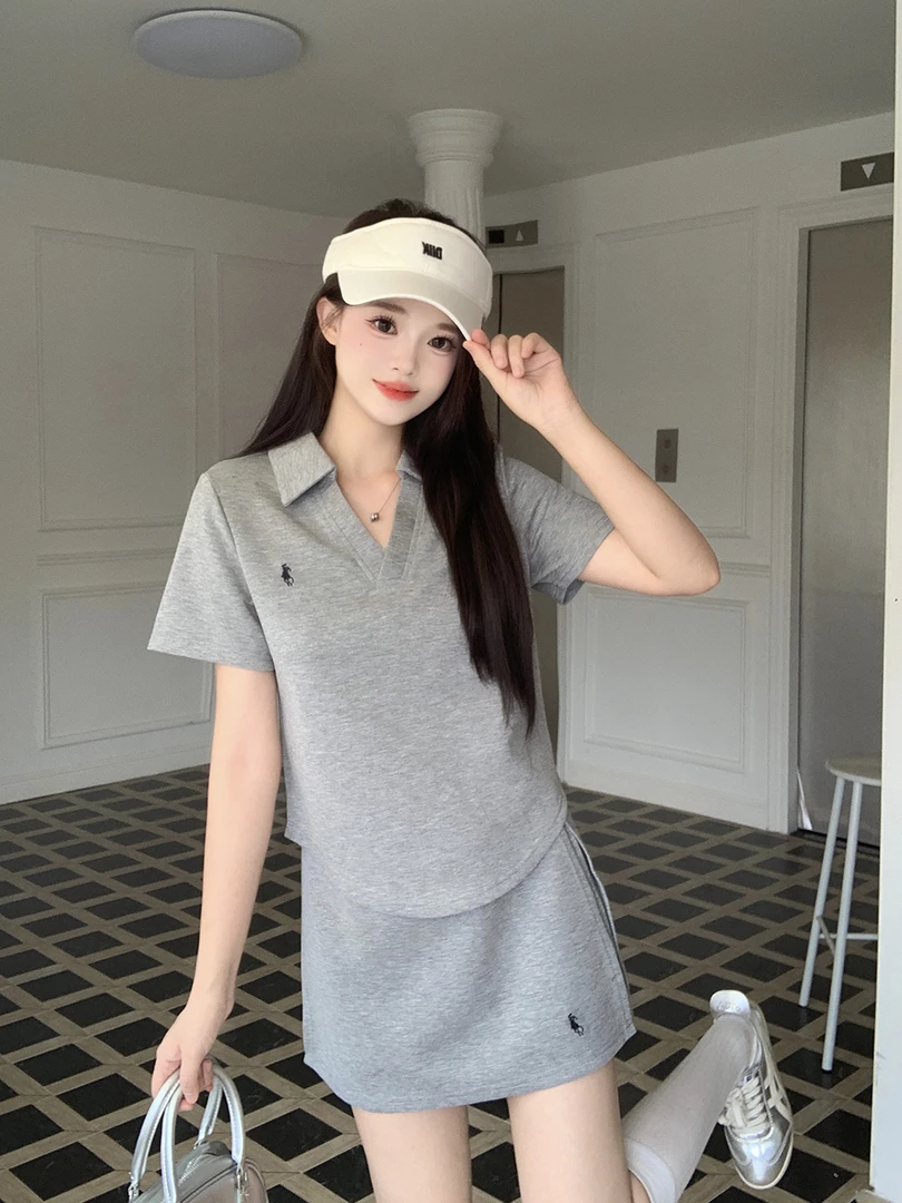 2025年夏季新款大码女装运动风刺绣短袖短裙时尚2件套