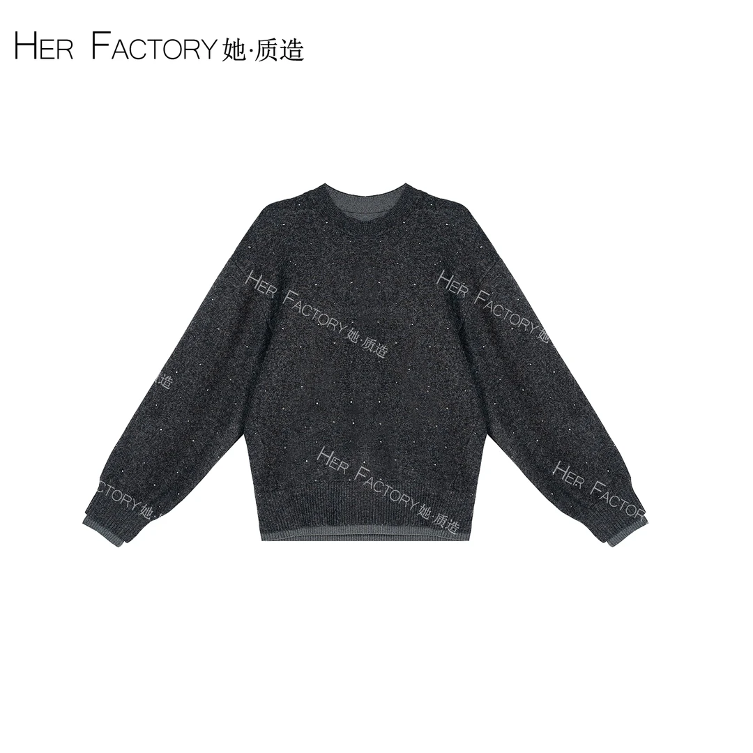 m*0&c0秋新品假两件含绵羊毛烫钻短款宽松毛衣织针衫 WG72FM0924