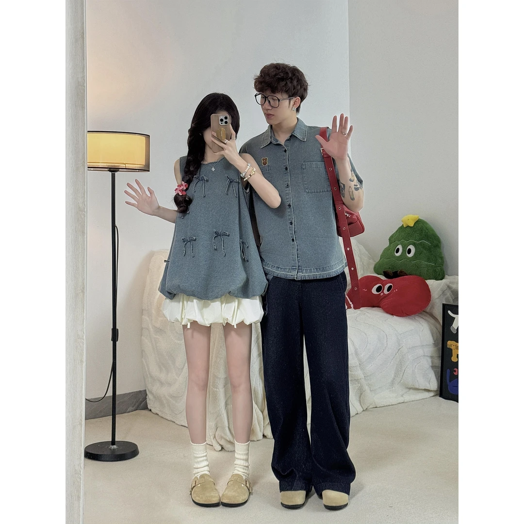 情侣装甜酷少女多巴胺穿搭两件套装蝴蝶结无袖牛仔上衣花苞半身裙