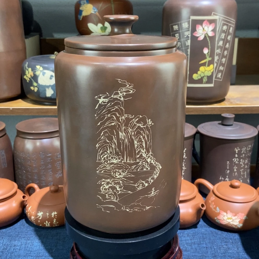 4建水紫陶手工彩填醒茶罐