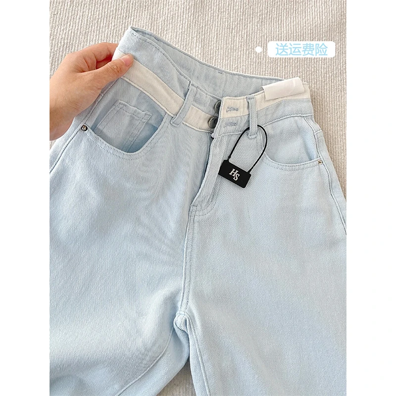 高腰双扣阔腿裤子春季牛仔裤女2025年新款梨形显瘦休闲浅蓝直筒裤
