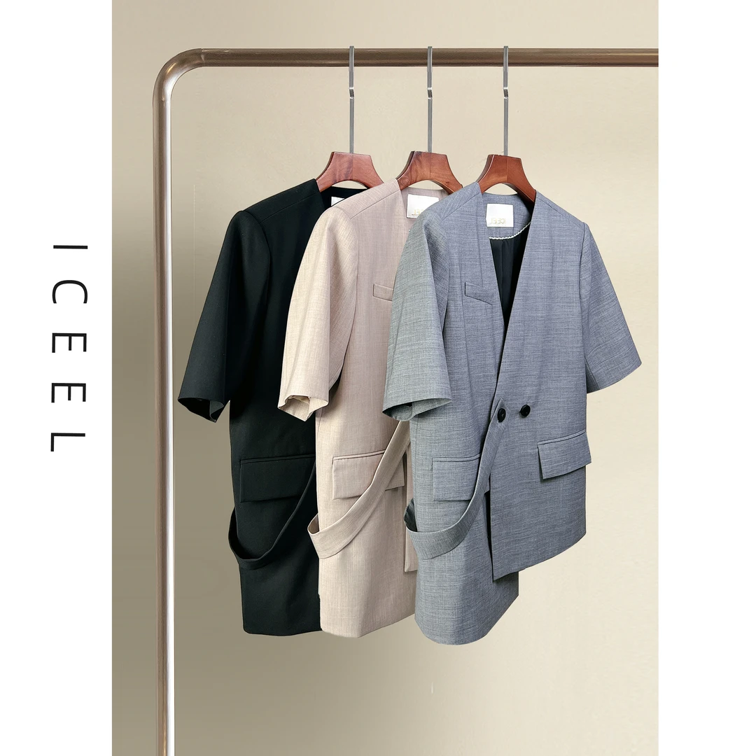 原创时尚中袖西装女夏季不规则西服修身收腰显瘦气质V领通勤上衣