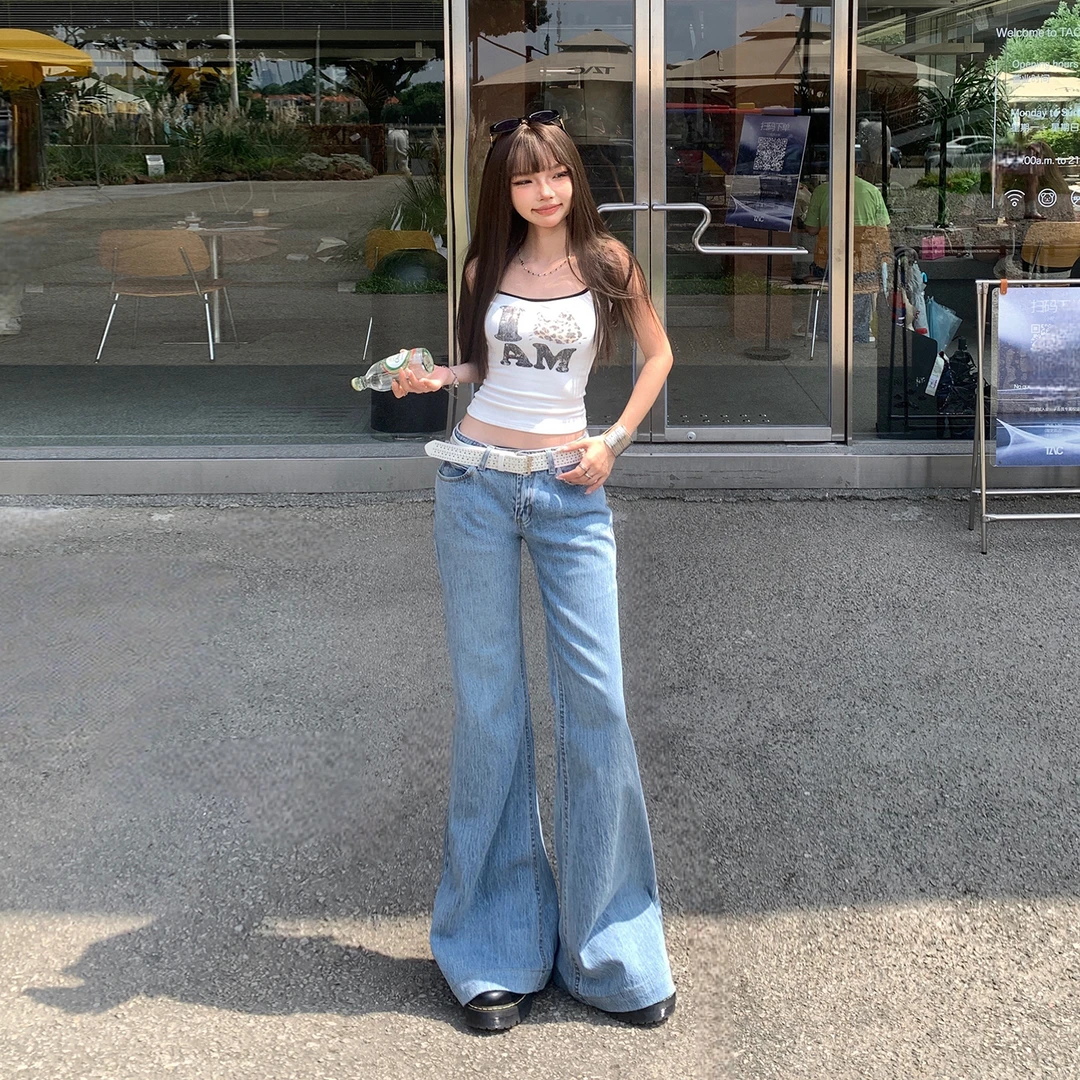 衣裤生活馆&美式复古辣妹低腰喇叭裤竹纹修身显瘦百搭弹力牛仔裤