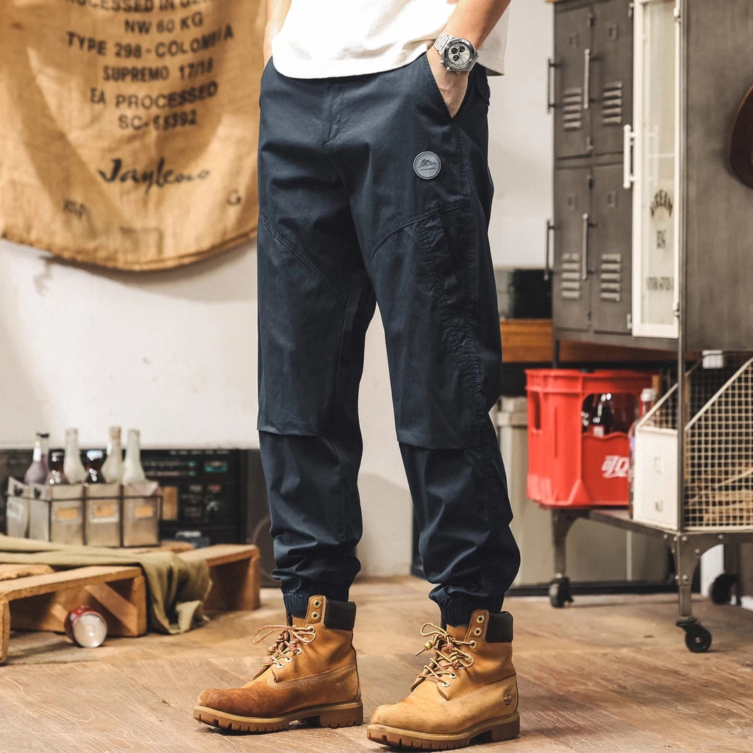 美式山系藏蓝色工装裤男秋冬新款潮牌复古纯棉裤子宽松束脚休闲裤