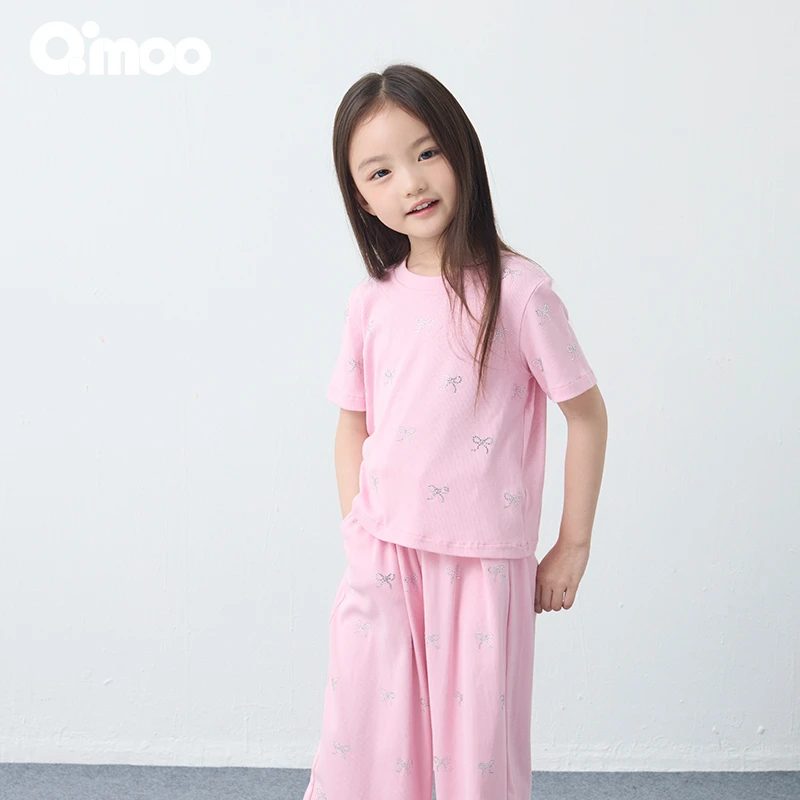 Qimoo/淇木25年新款女童休闲运动圆领蝴蝶结套头衫T恤 QSS1TC686X