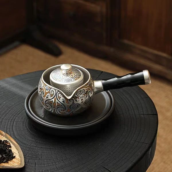 999纯银银壶侧把壶鎏银煮茶银壶手工陶瓷泡茶家用煮茶轻奢茶具