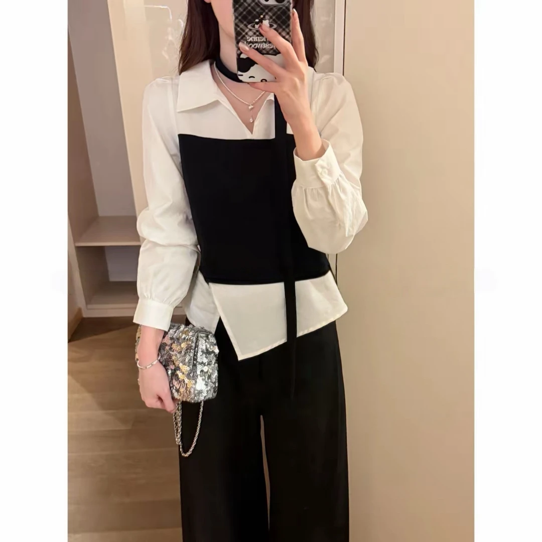 拼接飘带假两件翻领长袖衬衫女2025早秋修身显瘦气质上衣A1551
