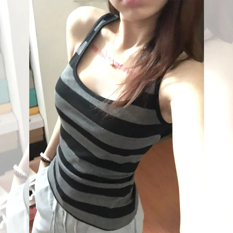 2025春夏方领露锁骨性感条纹撞色吊带背心纯欲香肩修身上衣女