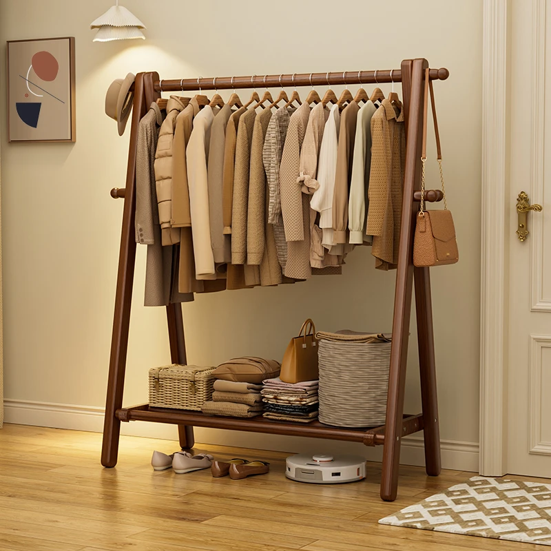 全实木挂衣架落地卧室家用衣帽架房间置物晾衣架室内简易衣服挂杆